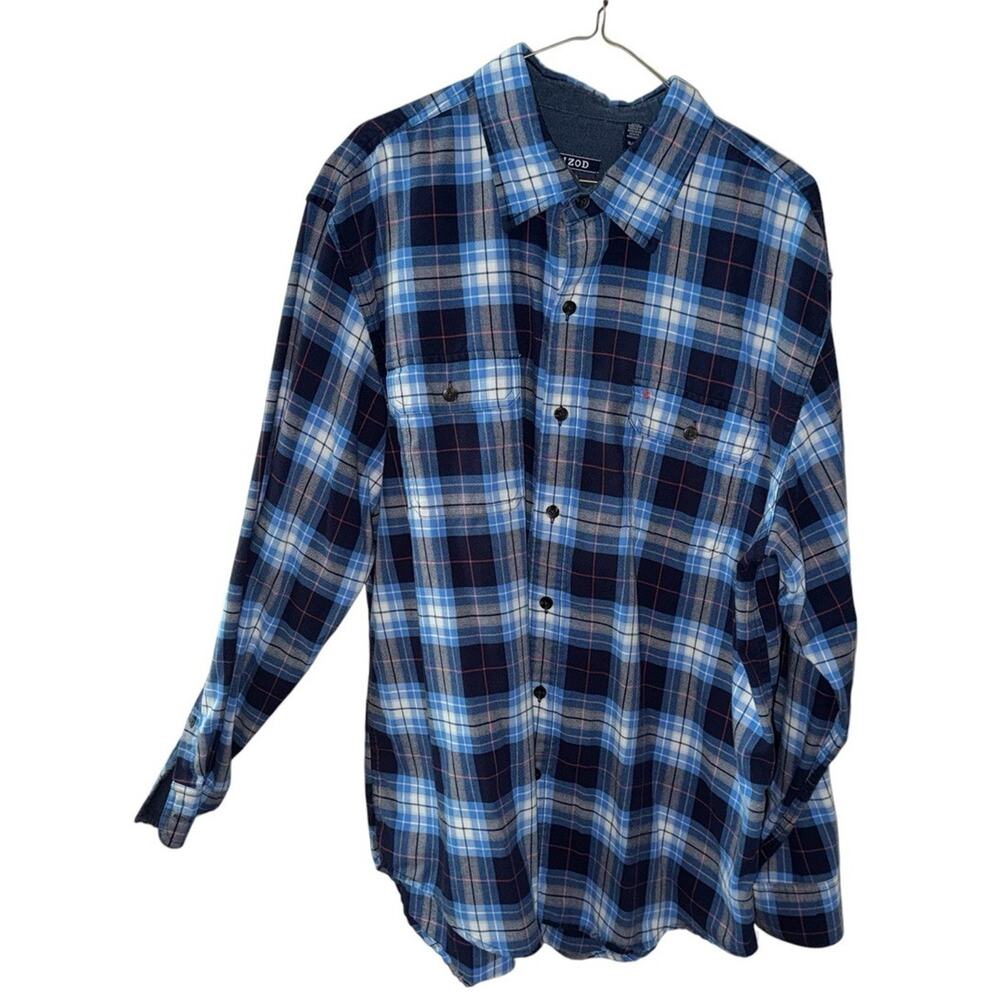 IZOD Blue‎ Plaid Flannel Shirt XL Button Up Long Sleeve Casual Pockets READ